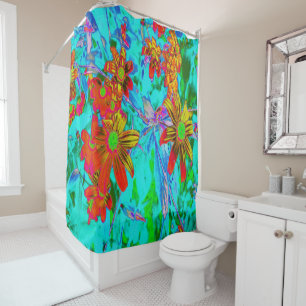Aqua-Tropisch mit gelben und orangen Blumen Duschvorhang