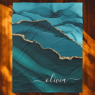 Aqua Türkis Blau Achat Geode Gold Monogramm Fleecedecke