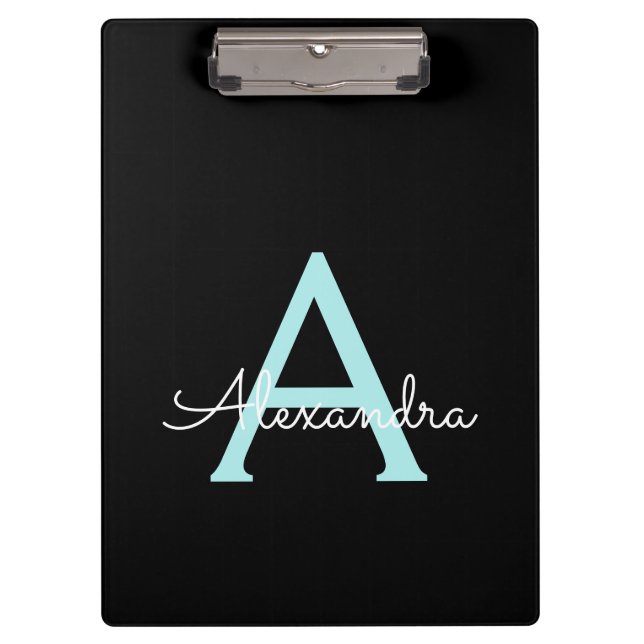 Aqua Türkis Blau Schrift Mädchen Monogramm Name Klemmbrett (Vorderseite)