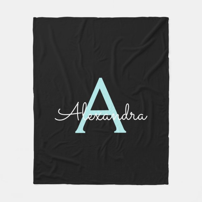 Aqua Türkis Blau Skript Mädchen Monogramm Name Fleecedecke (Vorderseite)