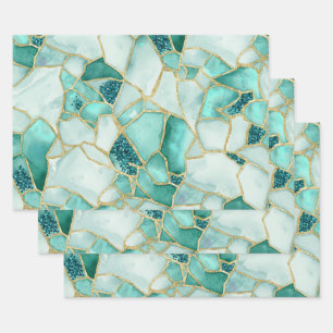 Aqua Türkis Gold Aquarell Meer Glas Mosaik Muster Geschenkpapier Set