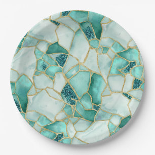 Aqua Türkis Gold Aquarell Meer Glas Mosaik Muster Pappteller