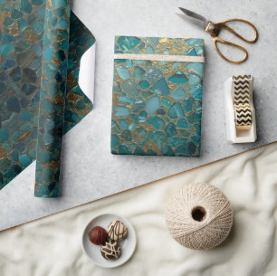 Aqua Türkis Gold Mosaik Wasserfarbe Meer Glas Must Geschenkpapier
