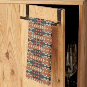Aqua Türkis Grün Orange Taupe Beige Stammeskunst Geschirrtuch