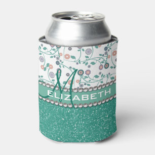 Aqua-Türkis-Monogramm-Blumen-Glitzer-Muster Dosenkühler