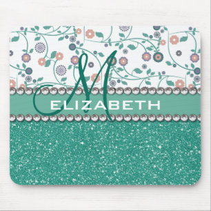 Aqua-Türkis-Monogramm-Blumen-Glitzer-Muster Mousepad