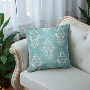 Aqua Türkis und Weiß Floral Damast Kissen