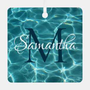 Aqua Türkis und Weiß Schwimmbad Foto Monogramm Ornament Aus Metall