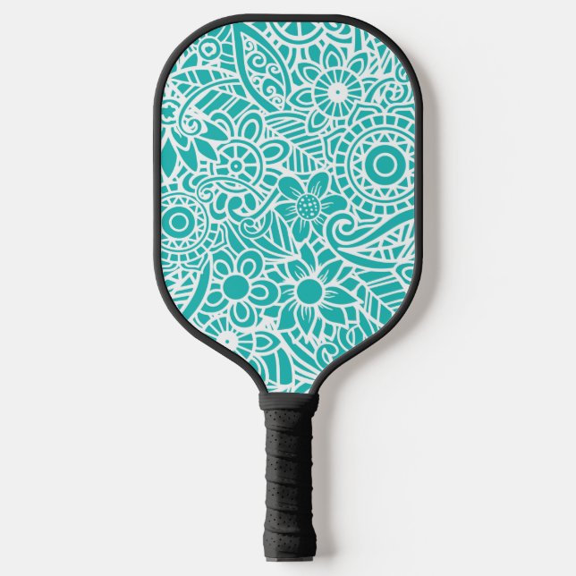 Aqua Türkis und Weiße Abstrakte Flora Hawaii Pickleball Schläger (Vorderseite)