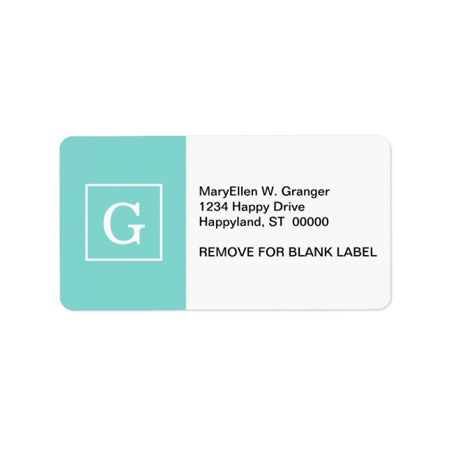 Aqua Türkis White Gerahmt Initial Monogram Adressaufkleber (Vorne)