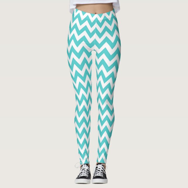 Aqua Türkis Zickzack Muster Frauen Leggings (Vorderseite)