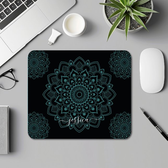 Aqua Turquoise & Black Mandala w Calligraphy Name Mousepad (Von Creator hochgeladen)