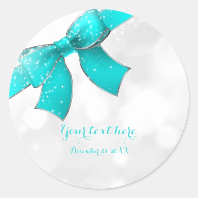 Aqua Turquoise Blue Bow & Glitzern Chic Party Runder Aufkleber (Vorderseite)