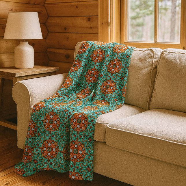 Aqua Turquoise Blue Orange Red Brown Stamm Art Fleecedecke (Von Creator hochgeladen)