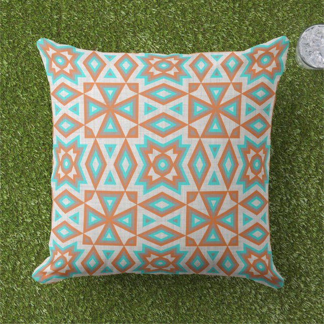 Aqua Turquoise Blue Orange White Tribal Art Kissen (Gras)