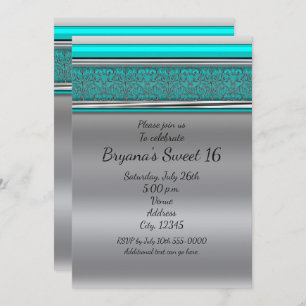 Aqua Turquoise Blue & Silver Sweet 16 Einladungen