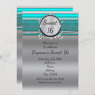 Aqua Turquoise Blue & Silver Sweet 16 Einladungen