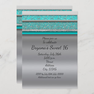 Aqua Turquoise Blue & Silver Sweet 16 Einladungen