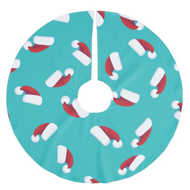 Aqua Turquoise Bright Blue & Red Weihnachtsmannmüt Polyester Weihnachtsbaumdecke (Vorderseite)