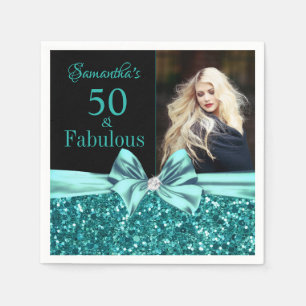 Aqua Turquoise Glitzer Bow 50. Geburtstag Foto Serviette