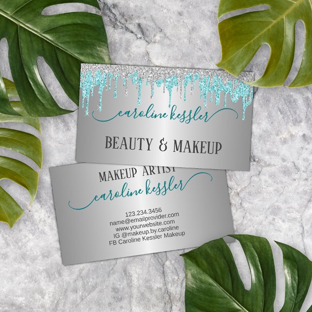 Aqua Turquoise Green Silver Glitzer Sparkone Tropf Visitenkarte (Von Creator hochgeladen)