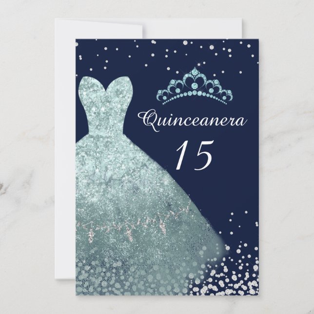 Aqua Turquoise Navy Blue Gown Quinceanera Party Einladung (Vorderseite)