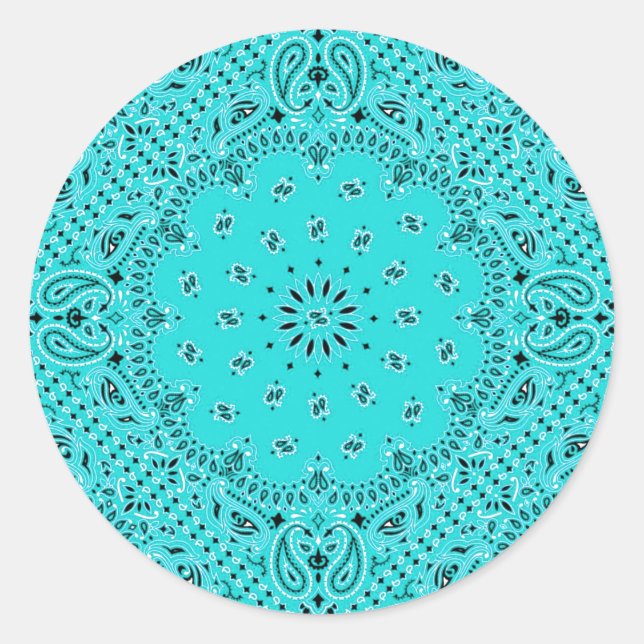 Aqua Turquoise Paisley Western Bandana Scarf Runder Aufkleber (Vorderseite)