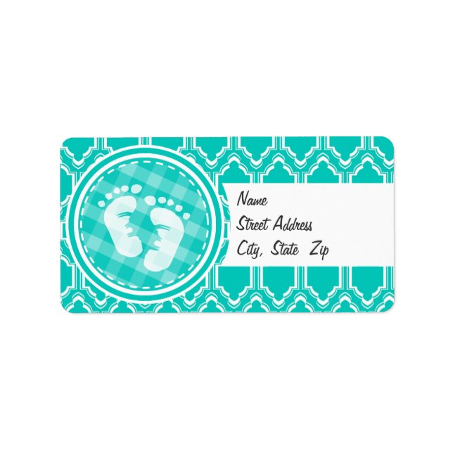 Aqua Turquoise Retro Baby Feet Babydusche Adressaufkleber (Vorne)
