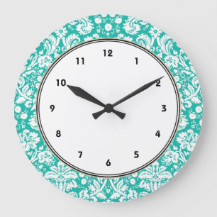 Aqua Turquoise Teal damask pattern Große Wanduhr