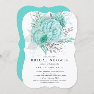 Aqua-u. Silber-BlumenBrautparty Einladung