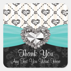 Aqua und Black Diamond Herz Danke Labels Quadratischer Aufkleber