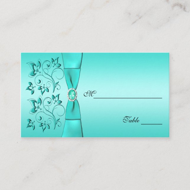 Aqua und Black Floral Placecards Platzkarte (Vorderseite)