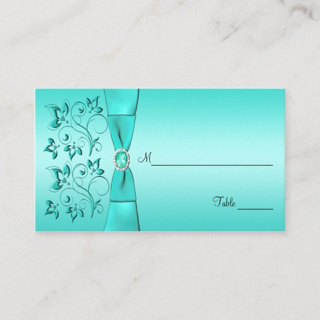Aqua und Black Floral Placecards Platzkarte (Vorderseite)