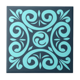 Aqua und Black on Blue Intricated Floral Muster Fliese