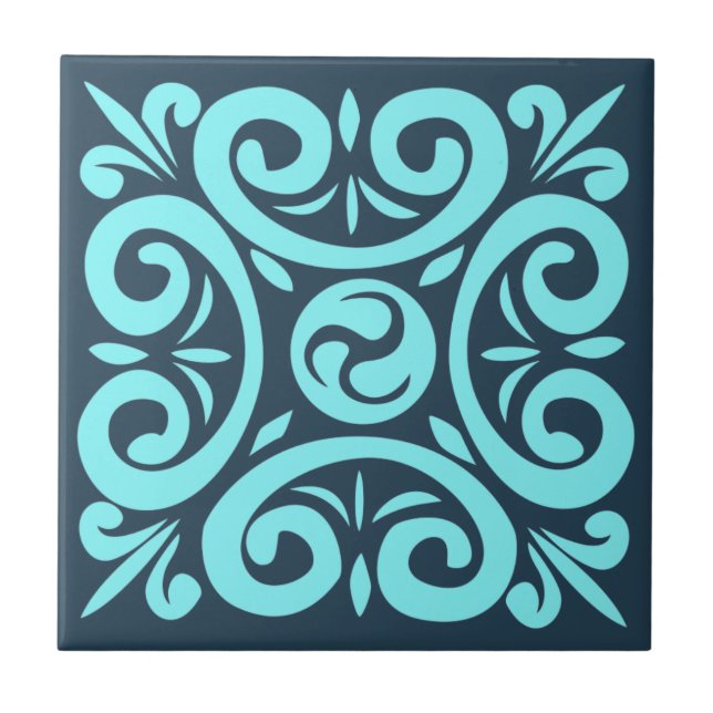 Aqua und Black on Blue Intricated Floral Muster Fliese (Vorderseite)