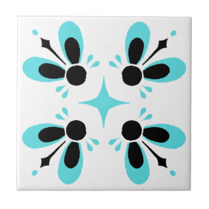 Aqua und Black on White Intricentive Floral Muster Fliese