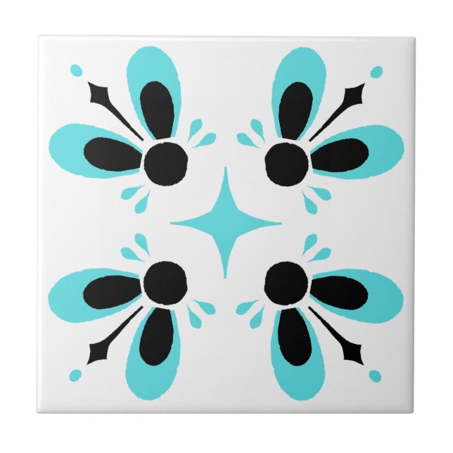 Aqua und Black on White Intricentive Floral Muster Fliese (Vorderseite)