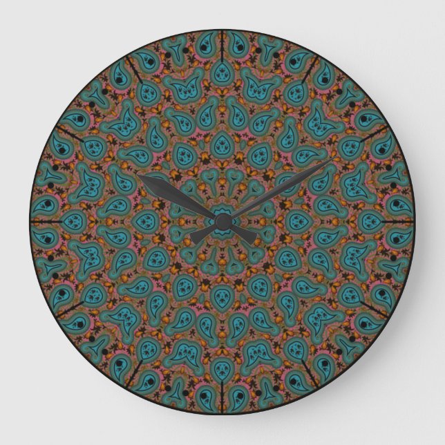 Aqua und Brown Boho Paisley Kaleidoscope Große Wanduhr (Vorderseite)