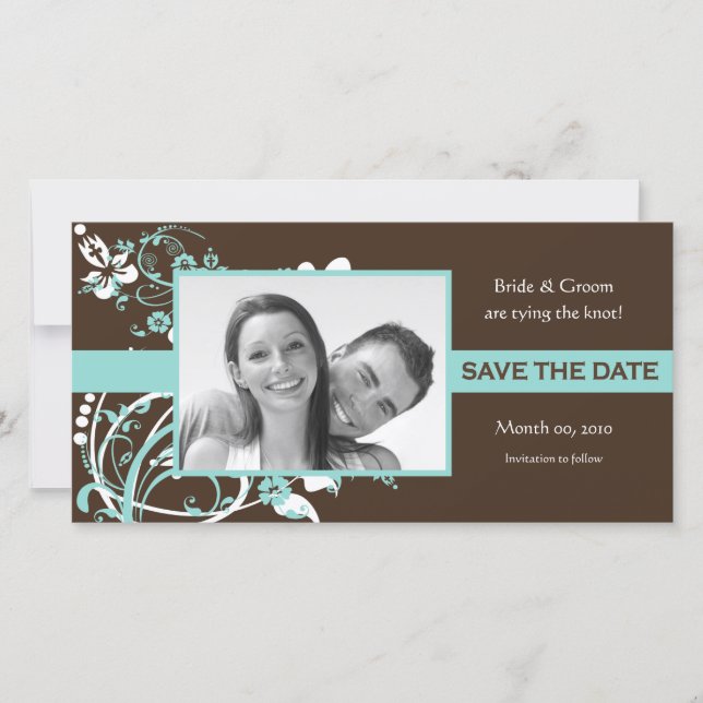 Aqua und Brown Floral Save the Date Foto Cards (Vorderseite)