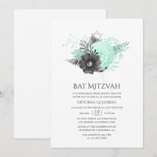 Aqua und Charcoal Floral Rustikale Bar Mizwa Einladung