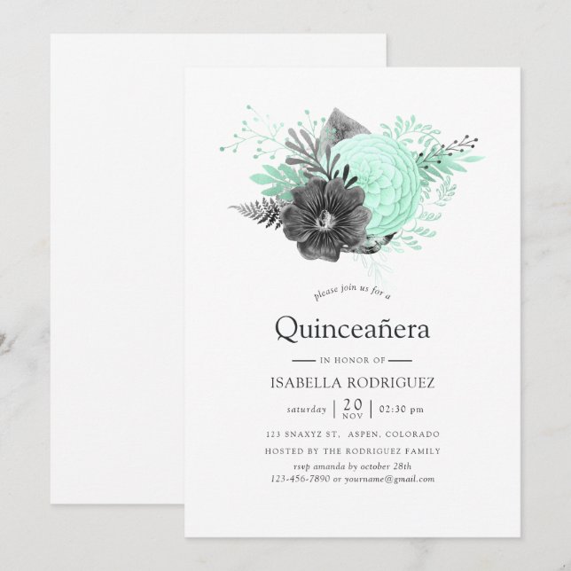 Aqua und Charcoal Floral Rustikale Quinceñera Einladung (Vorne/Hinten)