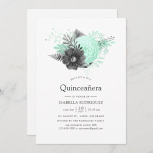 Aqua und Charcoal Floral Rustikale Quinceñera Einladung