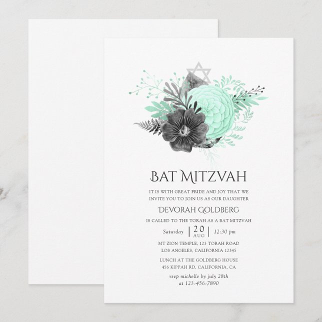 Aqua und Charcoal Rustikale Bat Mitzvah Einladung (Vorne/Hinten)