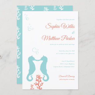 Aqua und Coral Seepferd Hochzeit Einladung