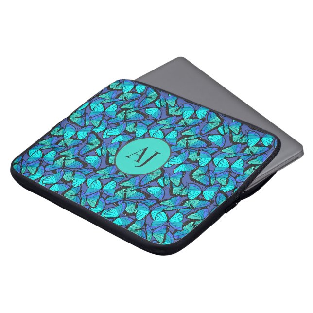 Aqua und Electric Blue Tropical Butterfly Pattern Laptopschutzhülle (Vorne Oben)
