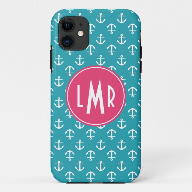 Aqua-und Fuchsien-Monogramm-Anker-Muster Case-Mate iPhone Hülle (Rückseite)