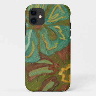 Aqua und gebrannte orange Blumen auf grünem iPhone 11 Hülle