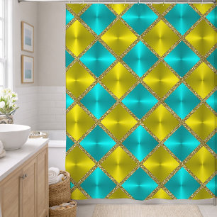Aqua- und gelb-metallisch aussehende Quadrate mit Duschvorhang