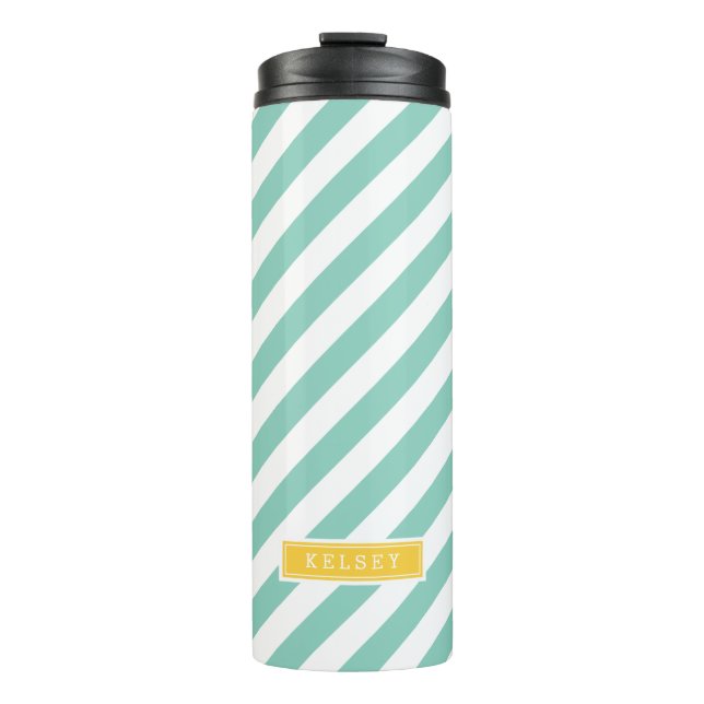 Aqua und Gelbe Preppy Streifen Monogram Thermosbecher (Vorderseite)