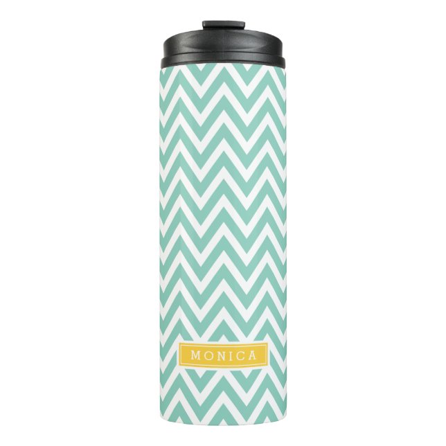 Aqua und Gelbe Zickzack Monogramm Thermosbecher (Vorderseite)